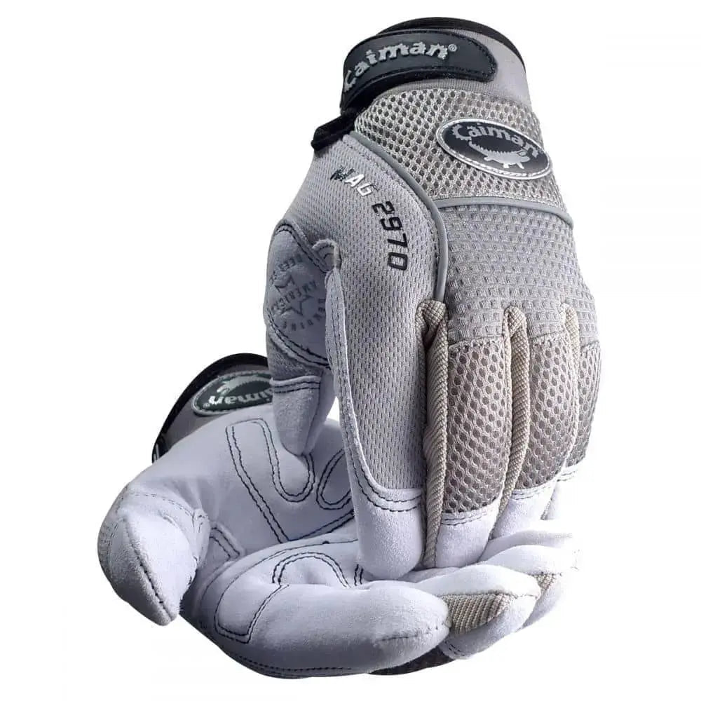CAIMAN - Deer Split Leather Gray padded palm Velcro pull strap Mechanics glove - L  Becker Safety and Supply