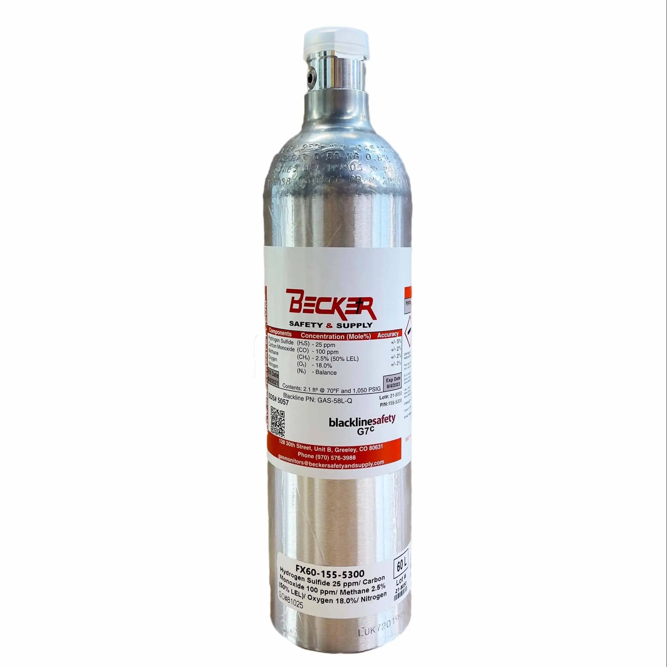 BLACKLINE SAFETY - G7C/G7X Calibration Gas LEL,CO,H2S,O2 58L (18% 02, 50% LEL, 100ppm CO, 25ppm H2S) - Becker Safety and Supply