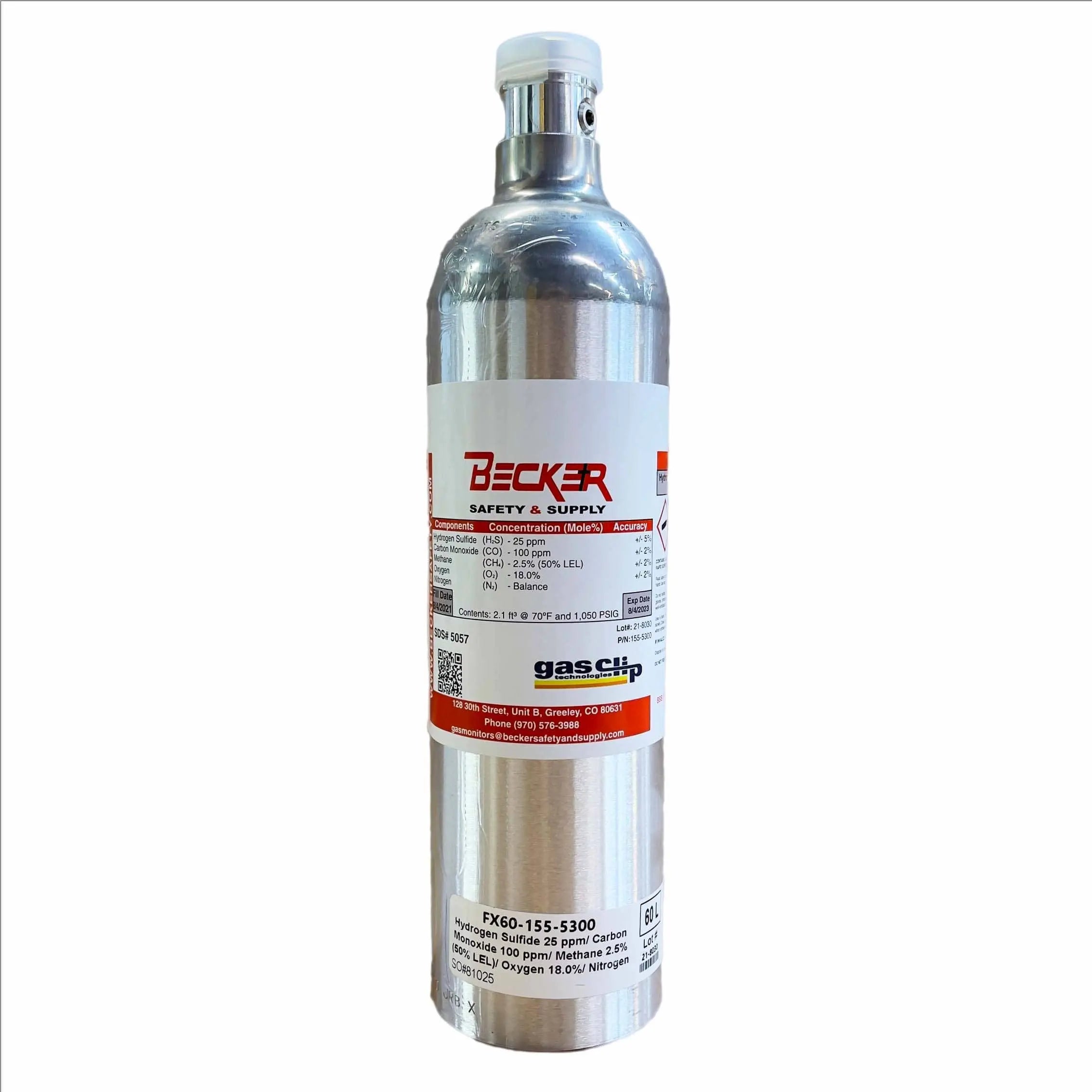 GAS CLIP - MGC Calibration Gas LEL,CO,H2S,O2 58L (18% 02, 50% LEL, 100ppm CO, 25ppm H2S) - Becker Safety and Supply