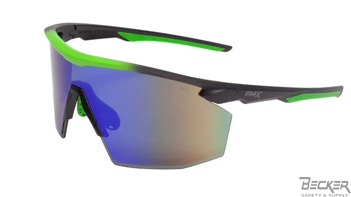 Pyramex Safety - PMXSPEC - Black and lime gradient frame/green mirror AF lens  Becker Safety and Supply