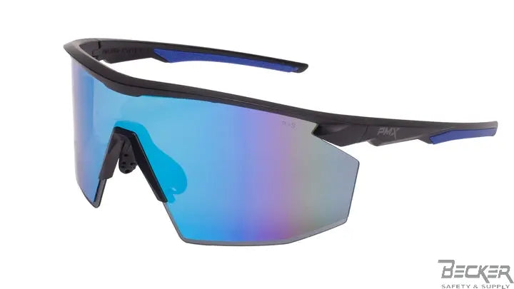 Pyramex Safety - PMXSPEC - Black frame blue tips/blue mirror AF lens  Becker Safety and Supply